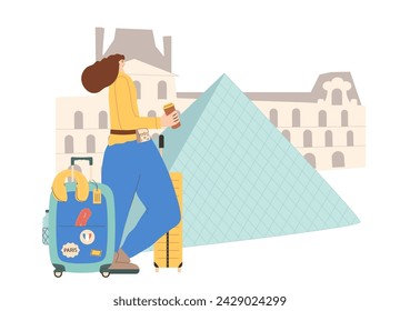 Visit to Paris museum. Young woman travel France and study art isolated on white background. Trip to Europe country for adventure and rest. Holiday weekend vacation. Vector flat illustration.