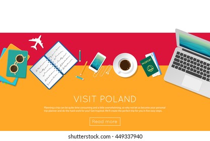 Visit Poland concept for your web banner or print materials. Top view of a laptop, sunglasses and coffee cup on Poland national flag. Flat style travel planninng website header.