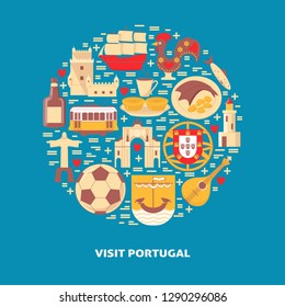 Visit Portugal round concept with icons in flat style and place for text