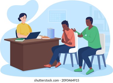 Visit to principal office in school 2D vector isolated illustration. Schoolboy with father talking with head teacher flat characters on cartoon background. School expulsion risk colourful scene