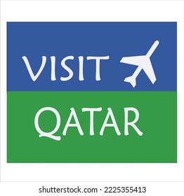 Visita Qatar . Visita el logotipo de Qatar y el plano. Texto sobre fondo azul-verde. 