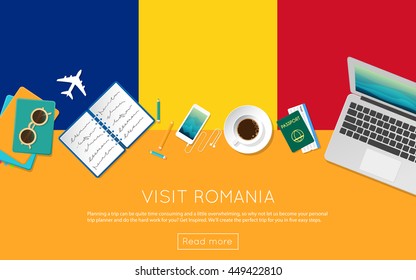 Visit Romania concept for your web banner or print materials. Top view of a laptop, sunglasses and coffee cup on Romania national flag. Flat style travel planninng website header.