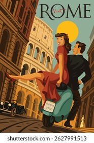 Visit Rome Italy Colosseum – Retro Rome travel vector poster illustration in vintage style | Romantic couple on scooter by the Colosseum | Travel Art