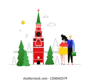 Visit Russia - colorful flat design style illustration on white background. Bright unusual composition with a cute couple, tourists watching Moscow Kremlin. Traveling and vacation concept