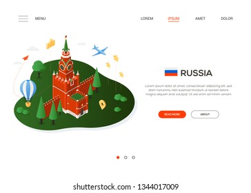 Visit Russia - modern colorful isometric web banner with copy space for text. Website header with famous Russian landmark, Moscow Kremlin, flag, balloon, plane and map pointer. Traveling concept