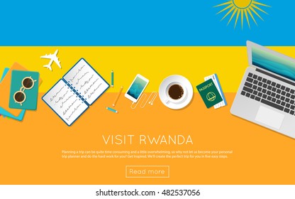 Visit Rwanda concept for your web banner or print materials. Top view of a laptop, sunglasses and coffee cup on Rwanda national flag. Flat style travel planninng website header.