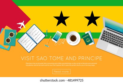 Visit Sao Tome and Principe concept for your web banner or print materials. Top view of a laptop, sunglasses and coffee cup on Sao Tome and Principe national flag.