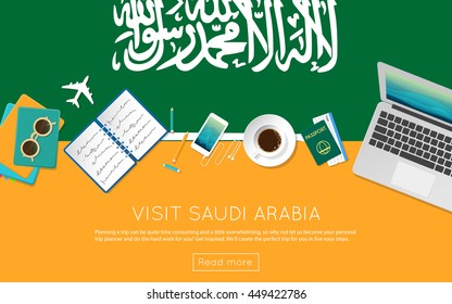 Visit Saudi Arabia concept for your web banner or print materials. Top view of a laptop, sunglasses and coffee cup on Saudi Arabia national flag. Flat style travel planninng website header.
