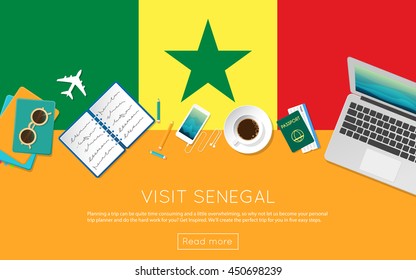 Visit Senegal concept for your web banner or print materials. Top view of a laptop, sunglasses and coffee cup on Senegal national flag. Flat style travel planninng website header.