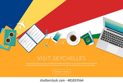 Visit Seychelles concept for your web banner or print materials. Top view of a laptop, sunglasses and coffee cup on Seychelles national flag. Flat style travel planninng website header.
