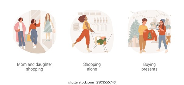 Visit shopping mall isolated cartoon vector illustration set. Mom and teen daughter walking with shopping bags, make purchases alone, buying presents, mall, Christmas holiday vector cartoon.