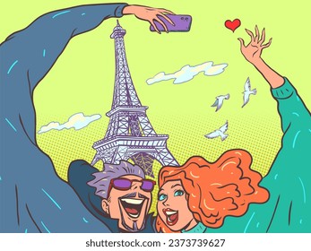 Visit the sights of France. Travel around the world on your honeymoon. A man and a girl are photographed against the backdrop of the Eiffel tower.