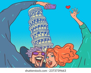 Visit the sights of Italy. Travel around the world on your honeymoon. A man and a girl are photographed against the backdrop of the Leaning Tower of Pisa.