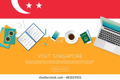 Visit Singapore concept for your web banner or print materials. Top view of a laptop, sunglasses and coffee cup on Singapore national flag. Flat style travel planninng website header.