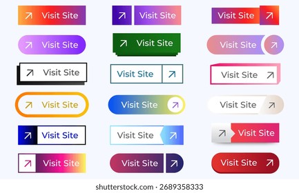 Visite el diseño del conjunto de iconos de Botones del sitio con color degradado. Botones de Web 3D. Enlace de Sitio web iconos para UI UX Sitio web, App móvil. Vector
