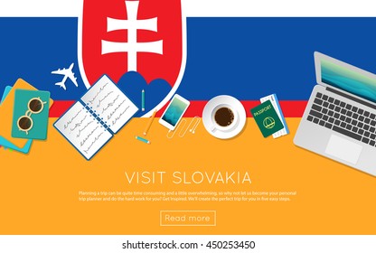 Visit Slovakia concept for your web banner or print materials. Top view of a laptop, sunglasses and coffee cup on Slovakia national flag. Flat style travel planninng website header.