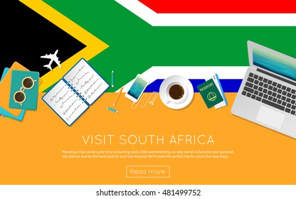 Visit South Africa concept for your web banner or print materials. Top view of a laptop, sunglasses and coffee cup on South Africa national flag. Flat style travel planninng website header.