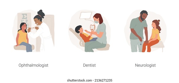 Besuchen Sie den Spezialisten einzelne Cartoon Vektorgrafik Set. Pädiatrische Augenärztin, Augenspezialistin, Kind in Zahnarztstuhl, denta-Untersuchung, Kinderneurologe klopft Knie-Vektorgrafik.