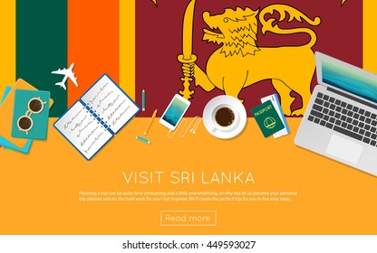 Visit Sri Lanka concept for your web banner or print materials. Top view of a laptop, sunglasses and coffee cup on Sri Lanka national flag. Flat style travel planninng website header.