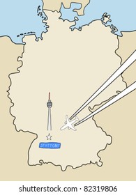 Visit Stuttgart - outline map of Germany and a plane with contrails. City symbol, travel concept.