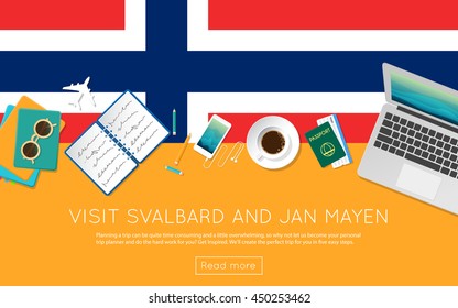 Visit Svalbard And Jan Mayen concept for your web banner or print materials. Top view of a laptop, sunglasses and coffee cup on Svalbard And Jan Mayen national flag.