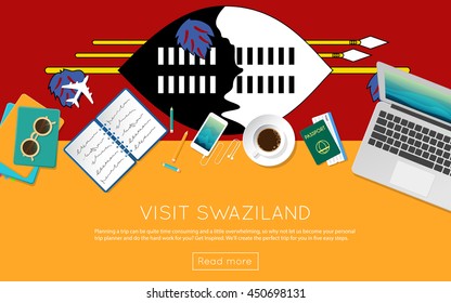 Visit Swaziland concept for your web banner or print materials. Top view of a laptop, sunglasses and coffee cup on Swaziland national flag. Flat style travel planninng website header.