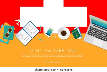 Visit Switzerland concept for your web banner or print materials. Top view of a laptop, sunglasses and coffee cup on Switzerland national flag. Flat style travel planninng website header.