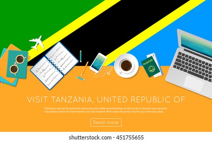 Visit Tanzania, United Republic of concept for your web banner or print materials. Top view of a laptop, sunglasses and coffee cup on Tanzania, United Republic of national flag.