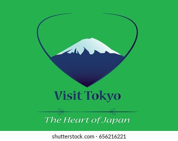 Visit Tokyo - The heart of Japan banner, logo, icon. Vector illustration EPS 10, green background. Big mountain, tourism motto, destination, city travel. 