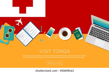 Visit Tonga concept for your web banner or print materials. Top view of a laptop, sunglasses and coffee cup on Tonga national flag. Flat style travel planninng website header.