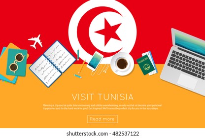 Visit Tunisia concept for your web banner or print materials. Top view of a laptop, sunglasses and coffee cup on Tunisia national flag. Flat style travel planninng website header.