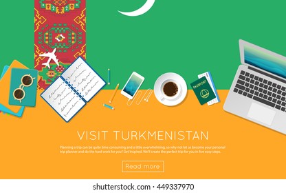 Visit Turkmenistan concept for your web banner or print materials. Top view of a laptop, sunglasses and coffee cup on Turkmenistan national flag. Flat style travel planninng website header.