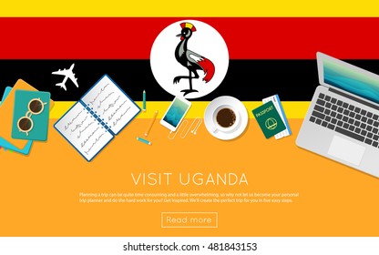 Visit Uganda concept for your web banner or print materials. Top view of a laptop, sunglasses and coffee cup on Uganda national flag. Flat style travel planninng website header.