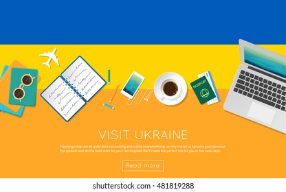 Visit Ukraine concept for your web banner or print materials. Top view of a laptop, sunglasses and coffee cup on Ukraine national flag. Flat style travel planninng website header.