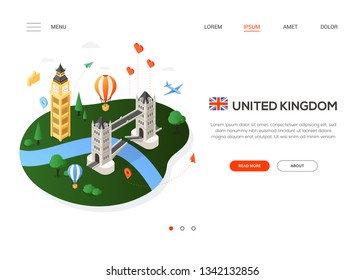 Visit the United Kingdom - modern colorful isometric web banner with copy space for text. Website header with famous English landmarks, balloon, plane, map pointer. Tower bridge, Big ben, river Thames