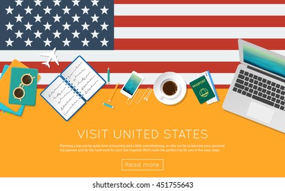 Visit United States concept for your web banner or print materials. Top view of a laptop, sunglasses and coffee cup on United States national flag. Flat style travel planninng website header.