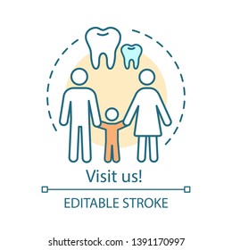 Visit us concept icon. Monitor oral health. Regular dentist visit. Dad, mom, baby, healthy teeth. Family dental clinic idea thin line illustration. Vector isolated outline drawing. Editable stroke