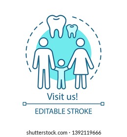 Visit Us Concept Icon. Monitor Oral Health. Regular Dentist Visit. Dad, Mom, Baby, Healthy Teeth. Family Dental Clinic Idea Thin Line Illustration. Vector Isolated Outline Drawing. Editable Stroke