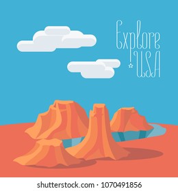 Visit USA with Grand Canyon vector illustration, poster. Design element with famous American landmark grand canyon with red cliffs and river for travel to USA concept