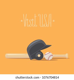 Visit USA image with baseball equipment vector illustration. Design element, poster with baseball ball and bat for travel to America concept