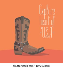 Visit USA image with cowboy boot vector illustration, poster. Design element with traditional shoe of American cowboy in travel to America concept