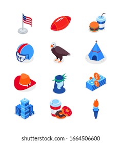 Visit the USA - modern colorful isometric icons set. American culture and traditions ideas. Flag, football, donuts and coffee, cowboy hat, torch, dollars, Statue of Liberty, bald eagle, wigwam, helmet