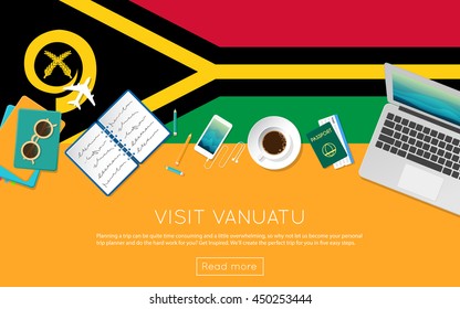 Visit Vanuatu concept for your web banner or print materials. Top view of a laptop, sunglasses and coffee cup on Vanuatu national flag. Flat style travel planninng website header.