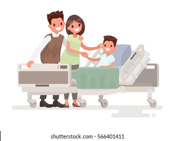 Visit of visitors to the patient to the hospital. Parents with sick boy lying in a medical bed. Vector illustration in a flat style