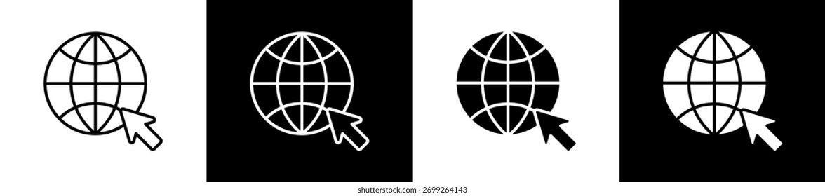 Besuchen Sie Ihre Website Symbol Variationen in Linie und Glyphe Stil auf schwarz-weißem Hintergrund