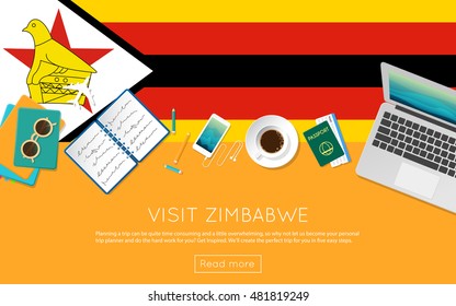 Visit Zimbabwe concept for your web banner or print materials. Top view of a laptop, sunglasses and coffee cup on Zimbabwe national flag. Flat style travel planninng website header.