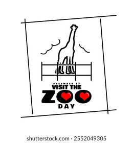 Visite o Dia do Zoológico para comemorar em 27 de dezembro. Ilustração de uma girafa com uma cerca e texto em negrito sobre fundo branco. Banner do evento animal.