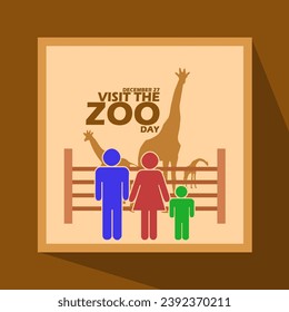 Visit the Zoo Day event banner. Icon of father, mother and child looking at a herd of giraffes at the zoo, with bold text in a frame on brown background to celebrate on December 27