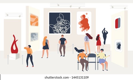 Visiting Abstract Modern Art Exhibition at Gallery. One Guy and Six Young Girls Watch Exhibited Paintings and Sculptures Gallery Modern Abstract Art. Colored Vector flat illustration