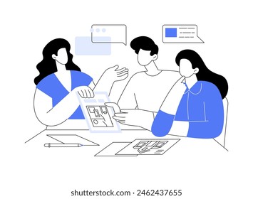 Visiting broker isolated cartoon vector illustrations. Couple meeting broker in office, explore the real estate market, see offers, property agent communicating with customers vector cartoon.